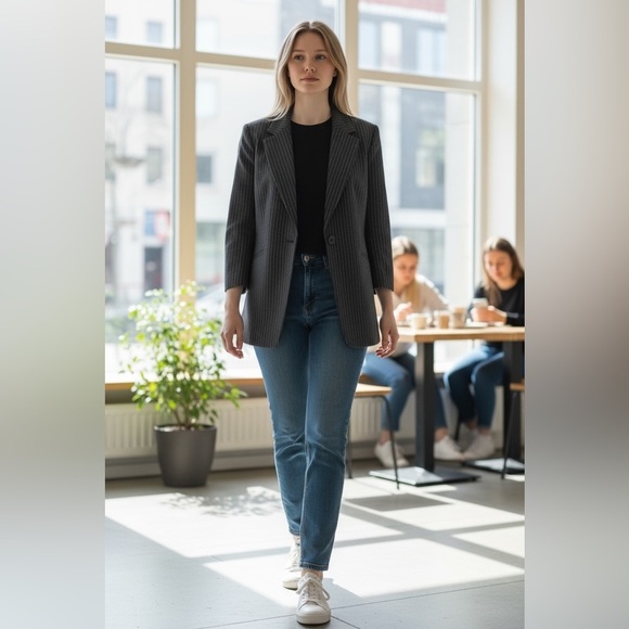 Vintage 90s Armani Collezioni Black White Pinstripe Single Button Blazer Size 12 - Picture 2 of 9